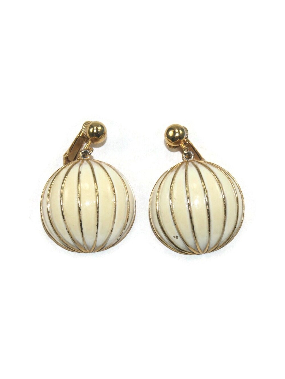 Vintage Gold Tone and Cream Enamel Dangle Clip on Earrings.